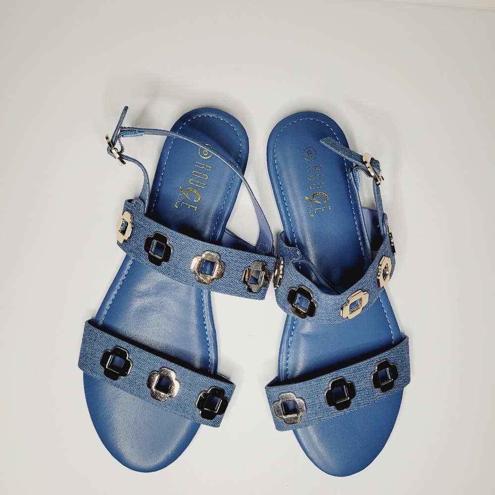 Rouge Helium Flat Sandals Blue Denim 8 Quatrefoil four-leaf clover-shaped metal